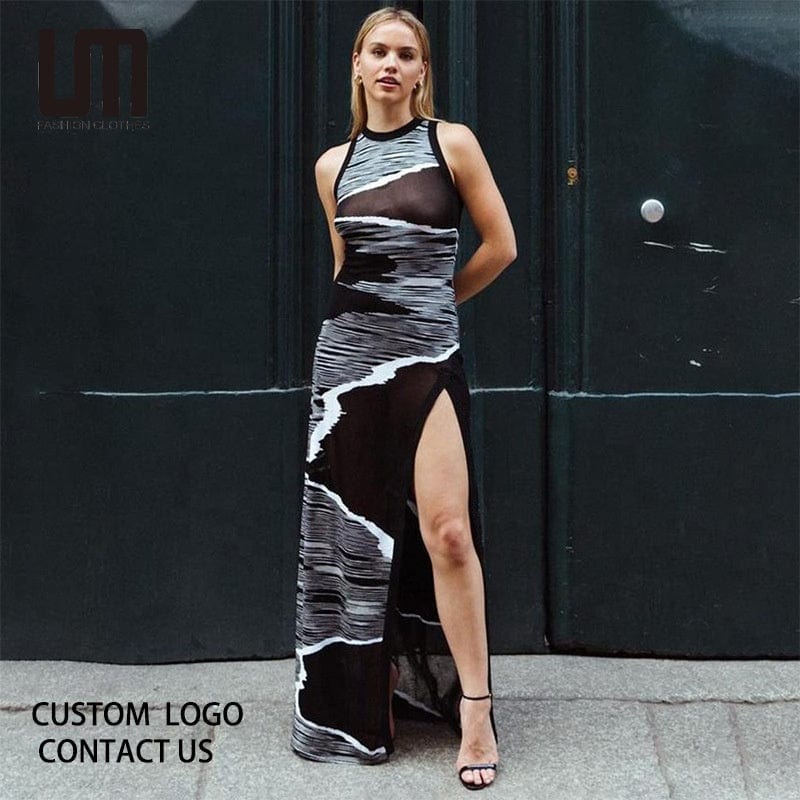 Liu Ming Autumn Streetwear 2024 New Products Women Sexy Party Y2K Mesh Printed Sleeveless High Side Slit Bodycon Dress