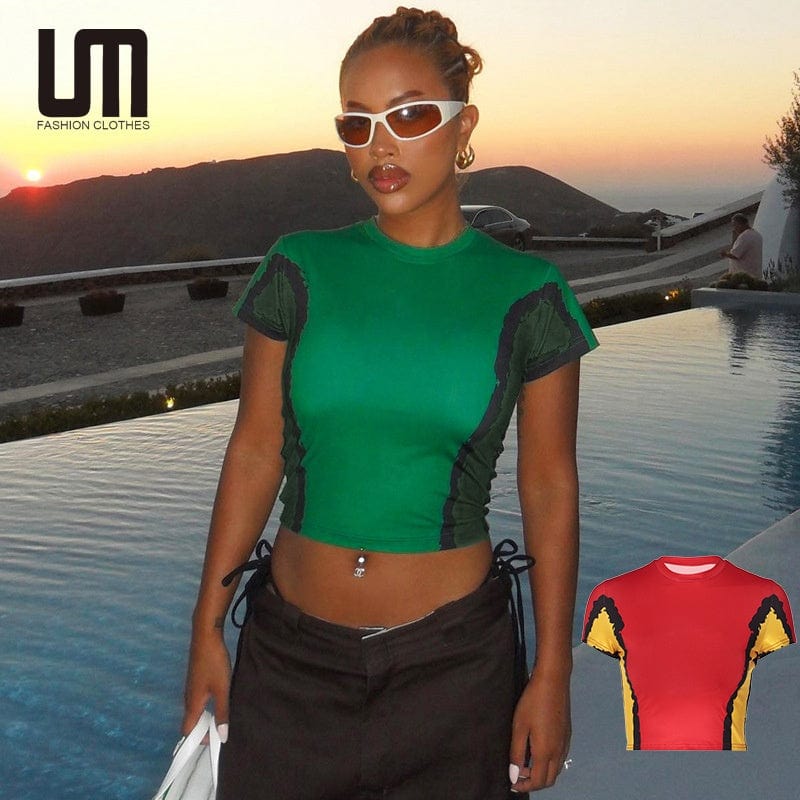 Liu Ming Fashion Streetwear Fall 2024 Women Clothes O Neck Short Sleeve Sexy Slim Crop T Shirt Tops