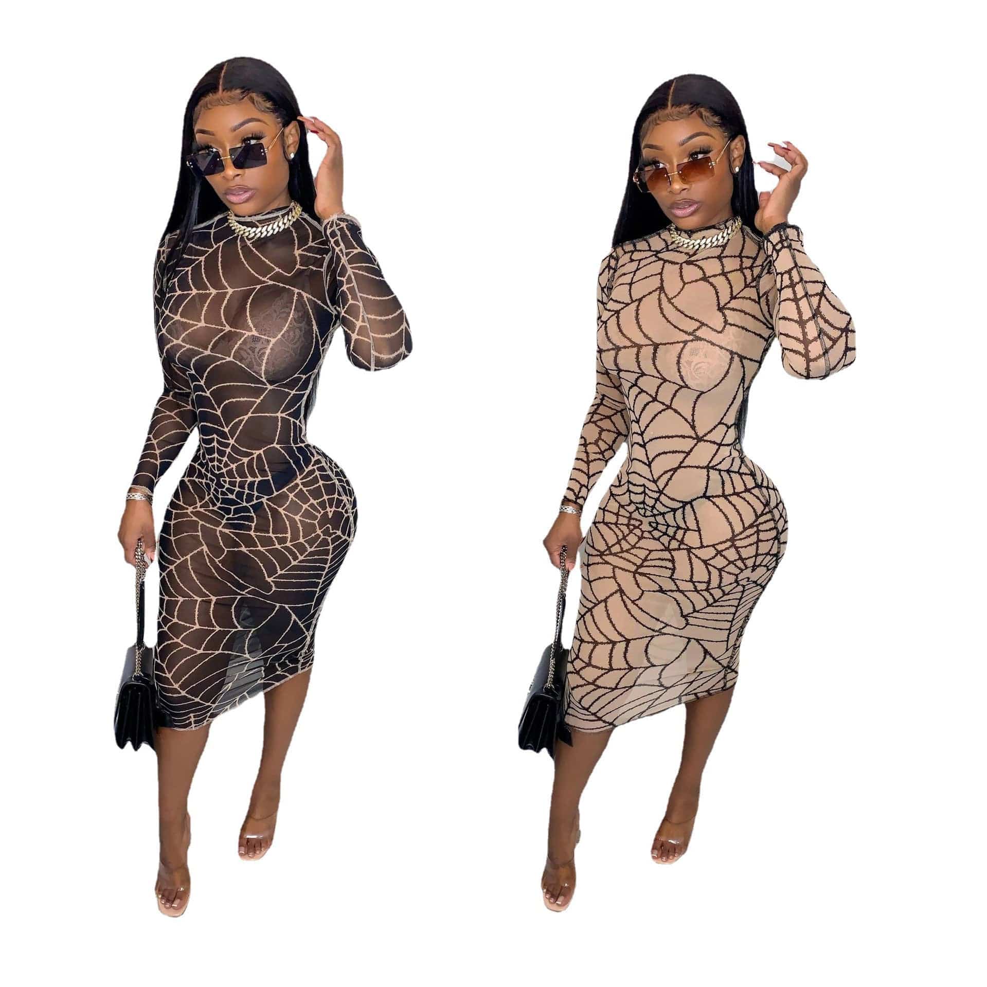 LO6419 New arrival long sleeved spider web tight nightclub see through mesh print sexy dress