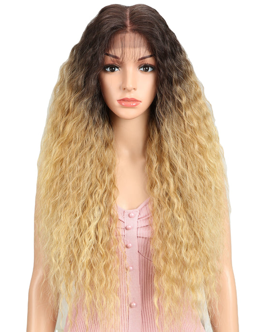 long blond synthetic wig sleek top quality wholesale heat resistant afro kinky curl lace frontal Synthetic Hair Wig for women