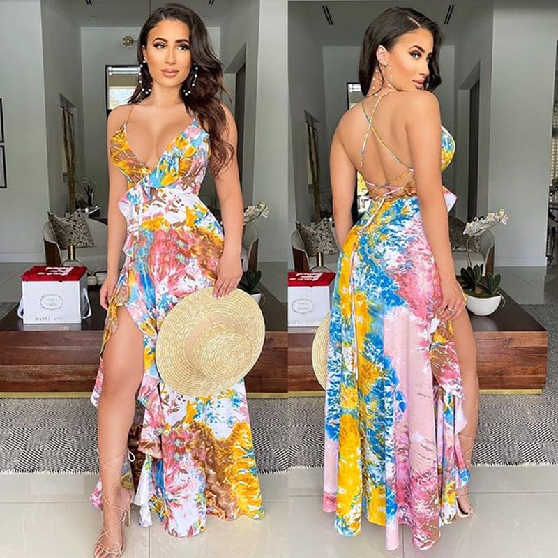 long dress 10425-MX74 beautiful ruffles floral slit maxi casual dresses women sehe fashion