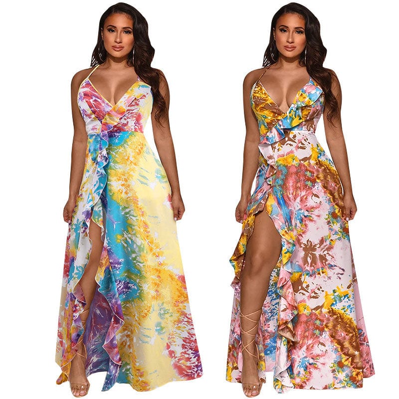 long dress 10425-MX74 beautiful ruffles floral slit maxi casual dresses women sehe fashion