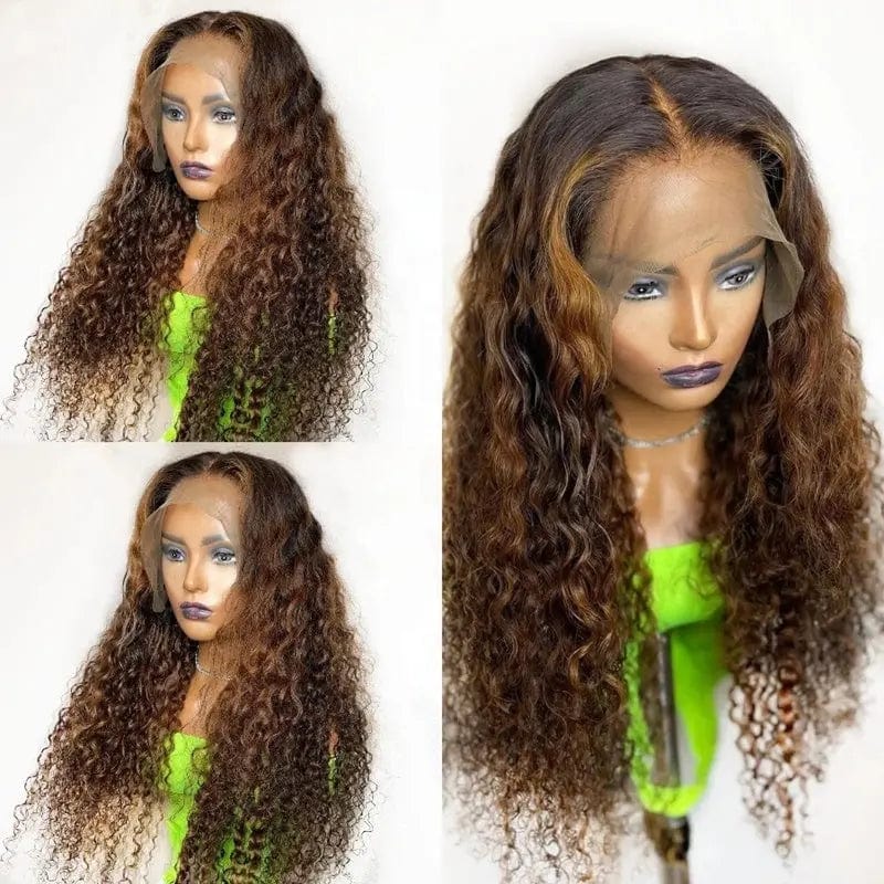 Long Inches Deep Curly Wig Brown Highlight Bleached Knots Unprocessed Human Hair Lace Front Wigs