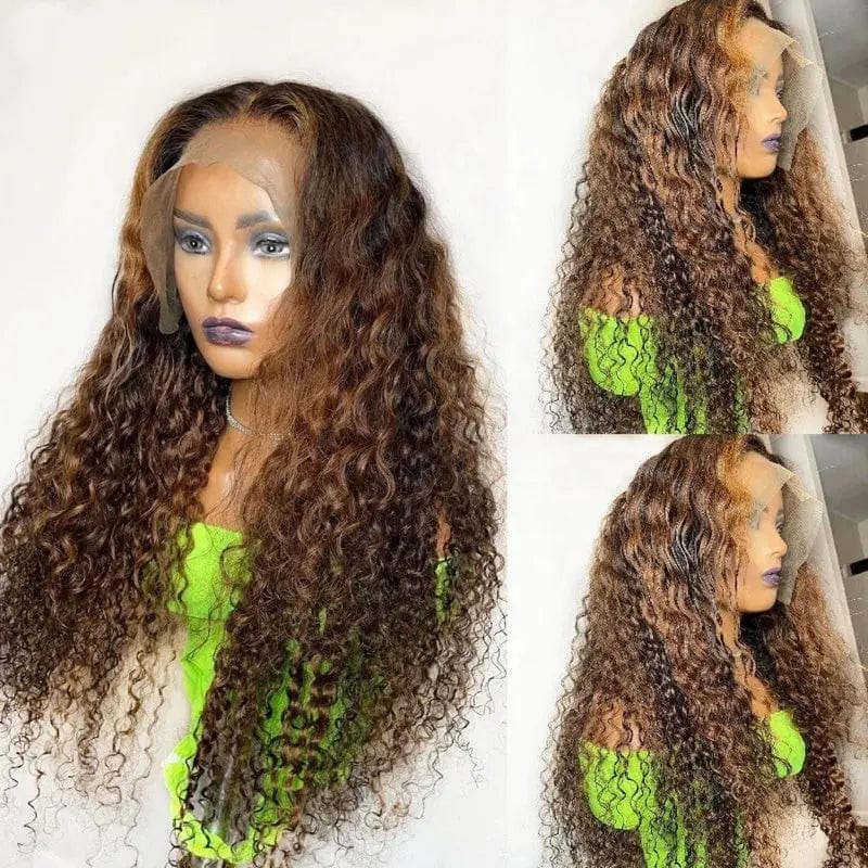 Long Inches Deep Curly Wig Brown Highlight Bleached Knots Unprocessed Human Hair Lace Front Wigs