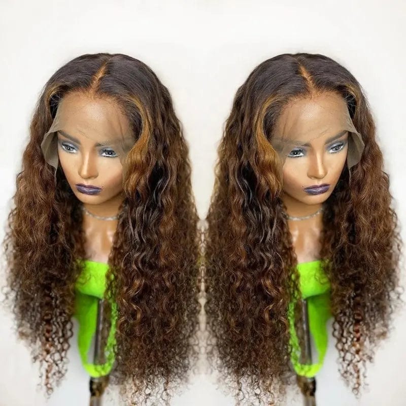 Long Inches Deep Curly Wig Brown Highlight Bleached Knots Unprocessed Human Hair Lace Front Wigs