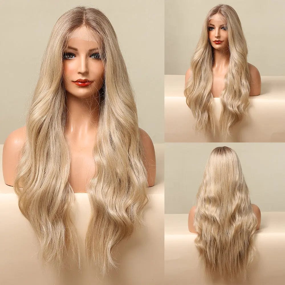 Long Loose Body Wave Lace Front Synthetic Hair Wigs for Women Golden Blonde Lace Wigs Synthetic Blend Wig with Lace Front