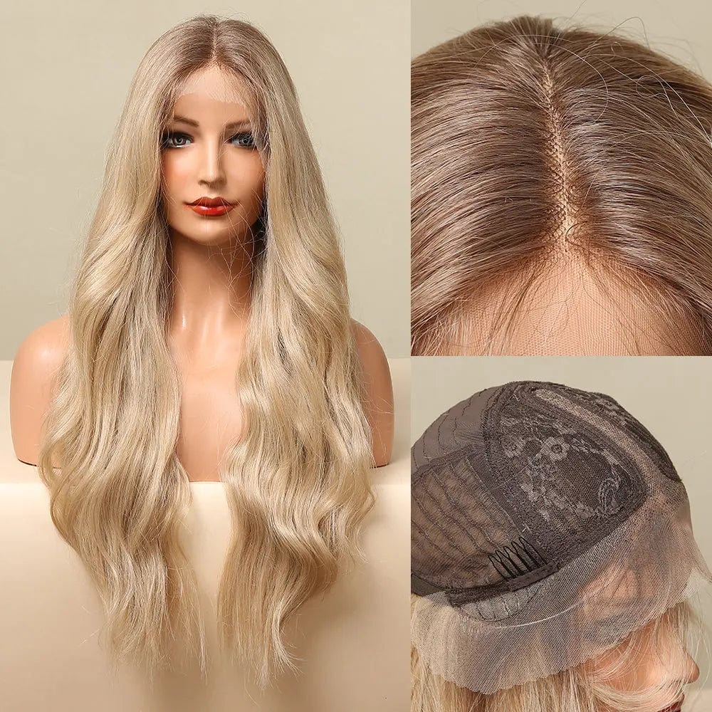 Long Loose Body Wave Lace Front Synthetic Hair Wigs for Women Golden Blonde Lace Wigs Synthetic Blend Wig with Lace Front