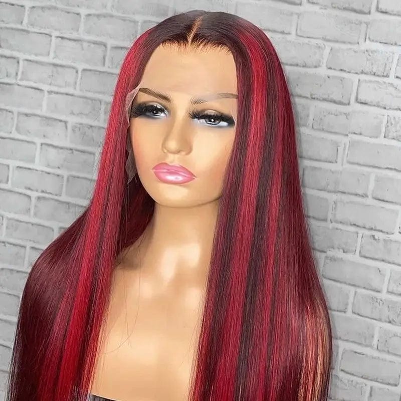 Long Silky Straight Human Wig Ombre Highlight Burgundy Long Part Pre-plucked Natural Line 13*6 Lace Front Wig For Women