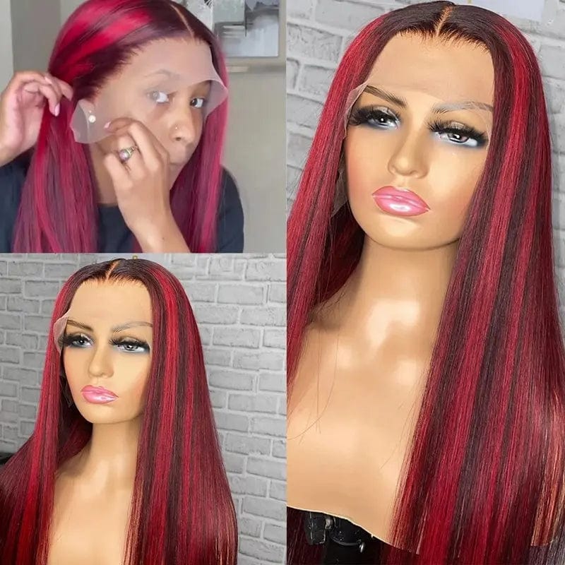 Long Silky Straight Human Wig Ombre Highlight Burgundy Long Part Pre-plucked Natural Line 13*6 Lace Front Wig For Women