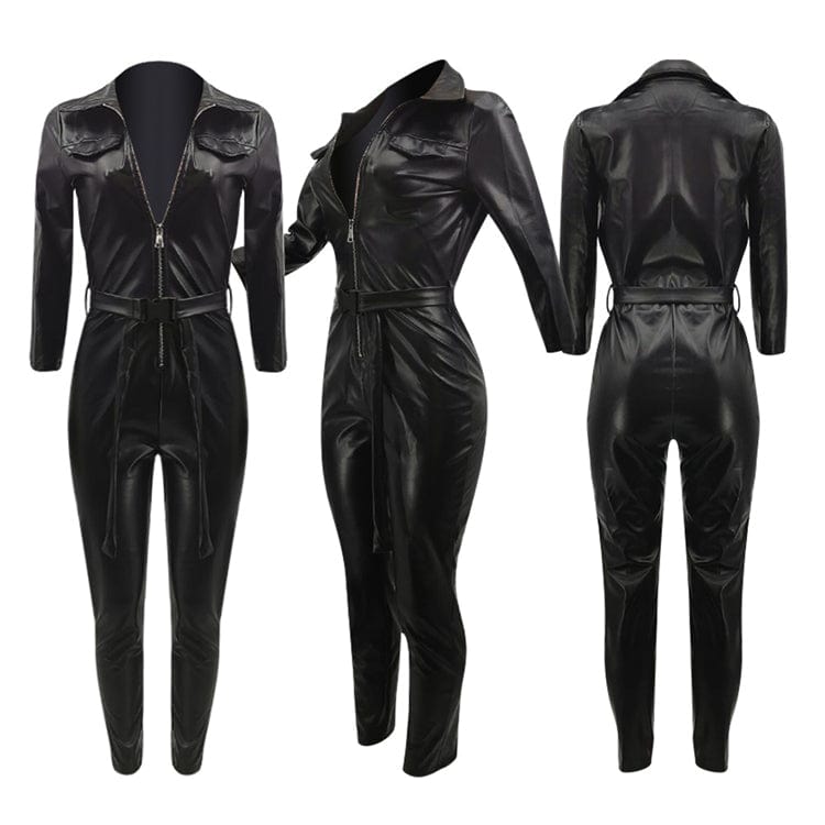 long sleeve PU leather high waist pants women one piece jumpsuit with bandage