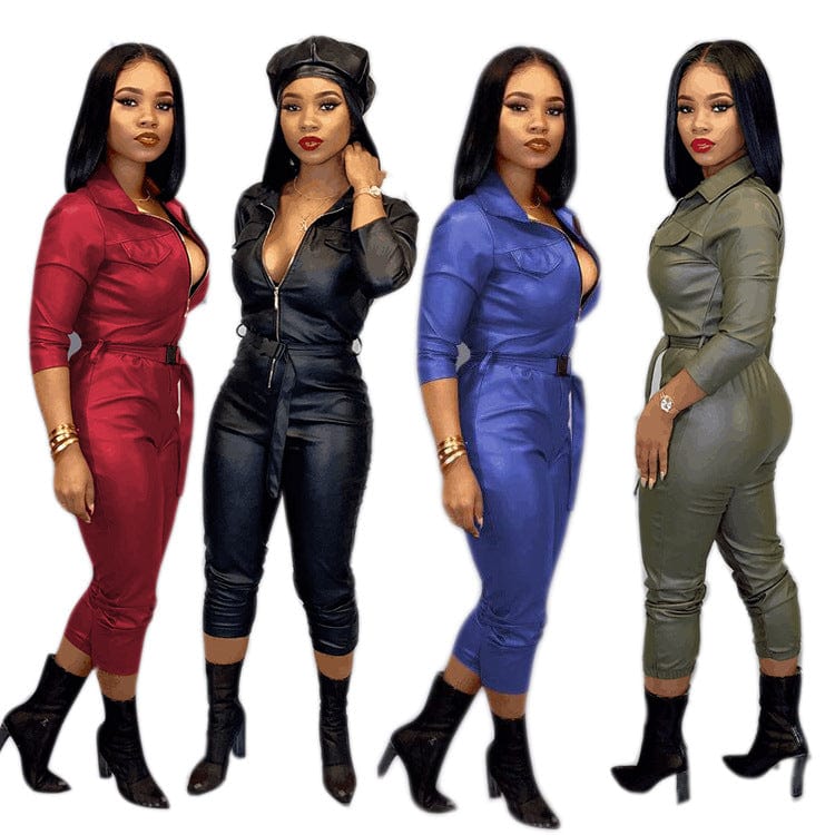 long sleeve PU leather high waist pants women one piece jumpsuit with bandage