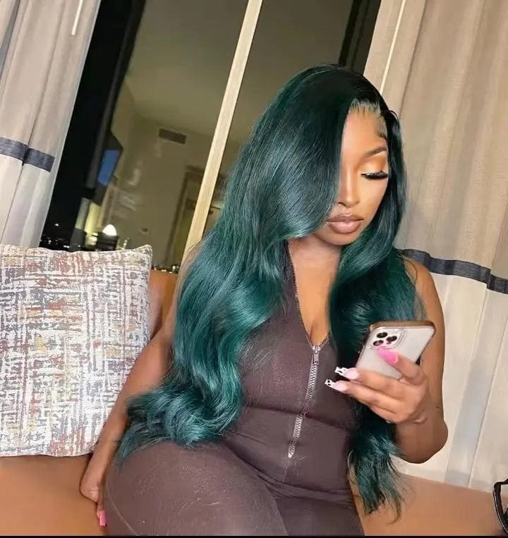 Long Wavy Wigs Dark Green Body Wave Hair