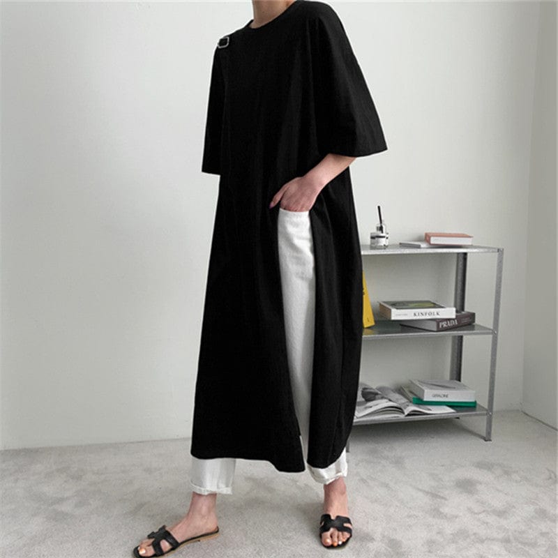 Loose large size round neck T-shirt long skirt women's side slit cotton top