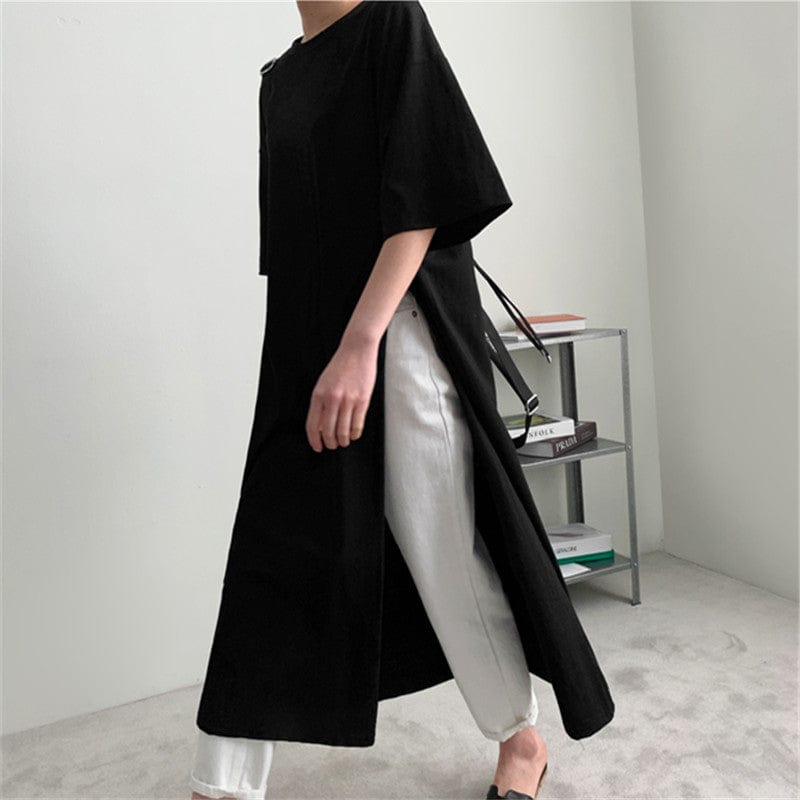 Loose large size round neck T-shirt long skirt women's side slit cotton top