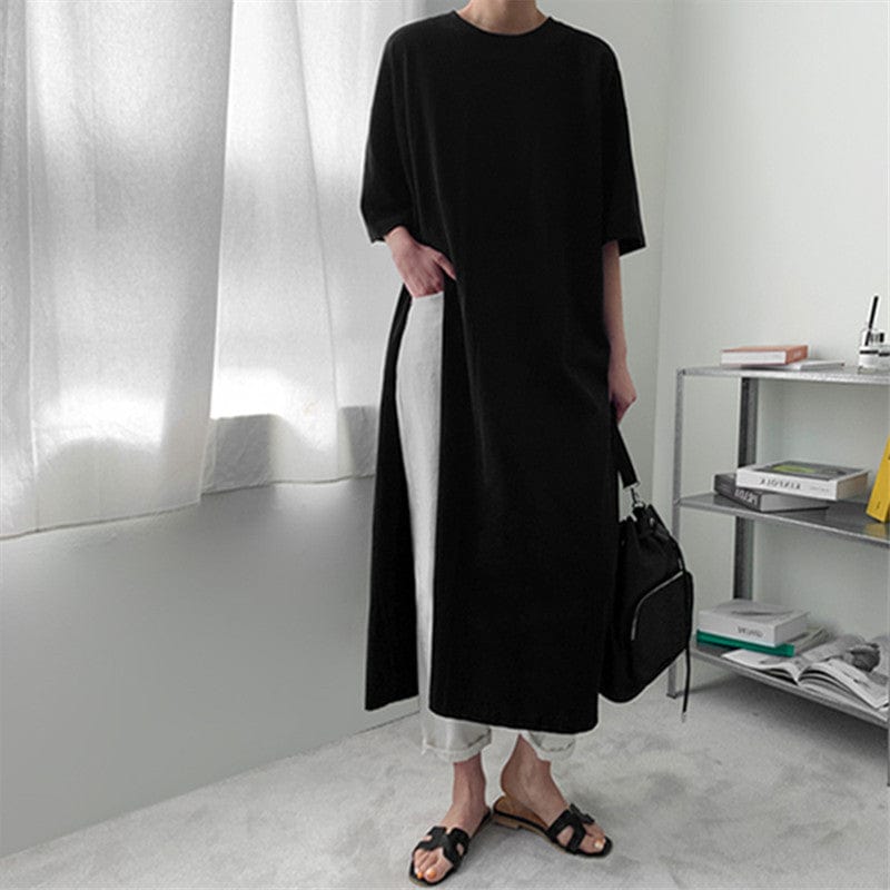 Loose large size round neck T-shirt long skirt women's side slit cotton top