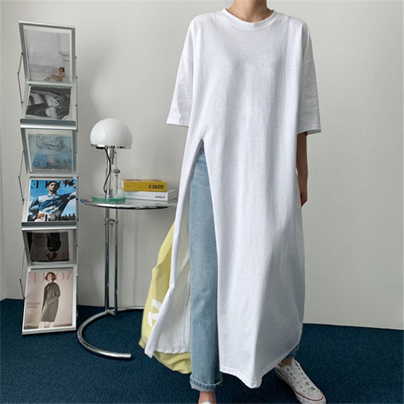 Loose large size round neck T-shirt long skirt women's side slit cotton top