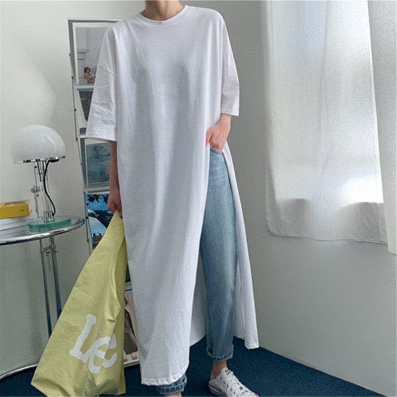 Loose large size round neck T-shirt long skirt women's side slit cotton top