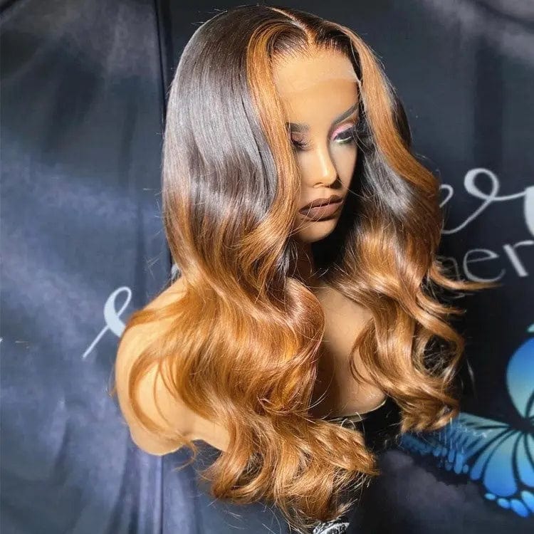 Loose Wave Highlight Ombre Honey Brown Middle Part Raw Brazilian Human Hair Lace Front Wigs