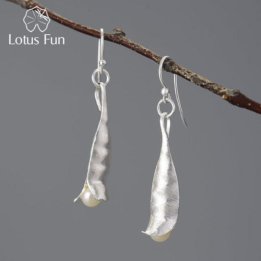 Lotus Fun Natural Pearl Long Hanging Unusual New Pea Pods Dangle Earrings for Women Real 925 Sterling Silver Party Fine Jewelry