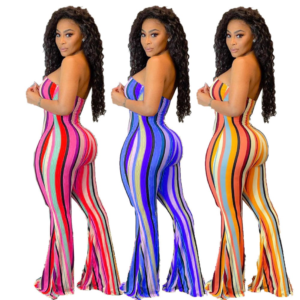 Low MOQ Ready to Ship Casual Two Piece Outfits Set Striped Sexy Printing Bodysuit High Waist Strapless Playsuit