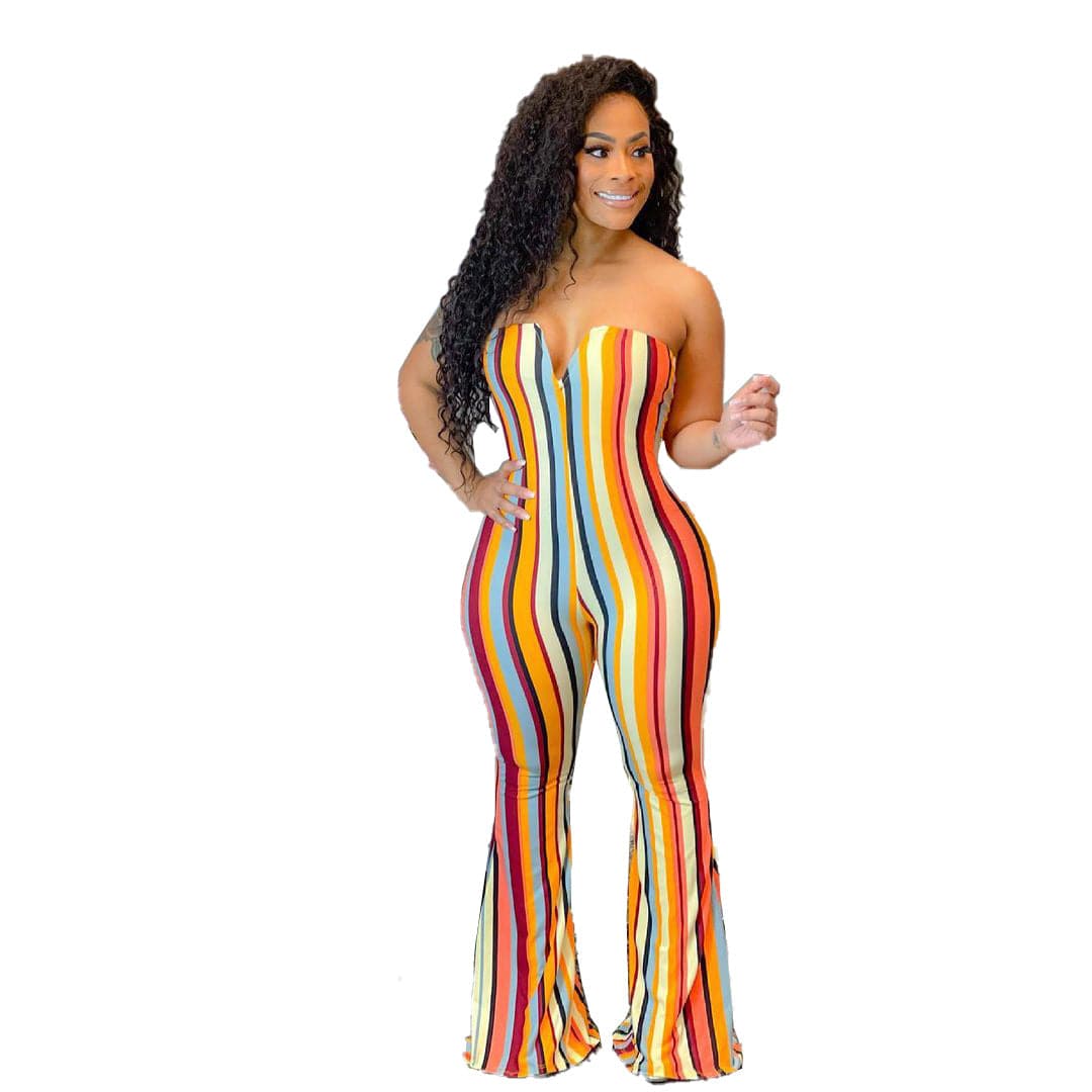 Low MOQ Ready to Ship Casual Two Piece Outfits Set Striped Sexy Printing Bodysuit High Waist Strapless Playsuit