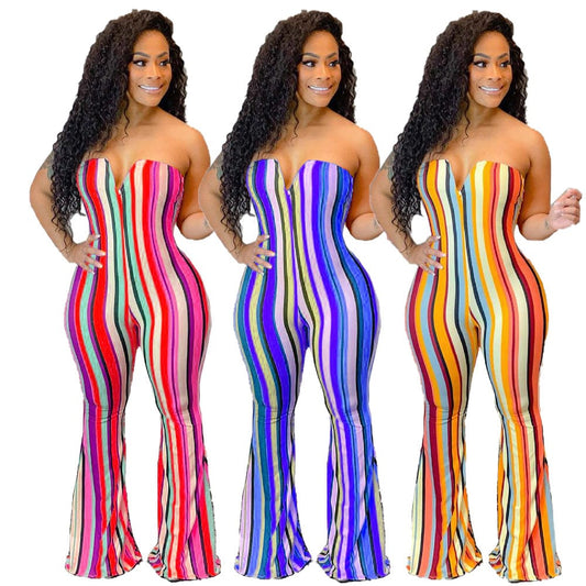 Low MOQ Ready to Ship Casual Two Piece Outfits Set Striped Sexy Printing Bodysuit High Waist Strapless Playsuit