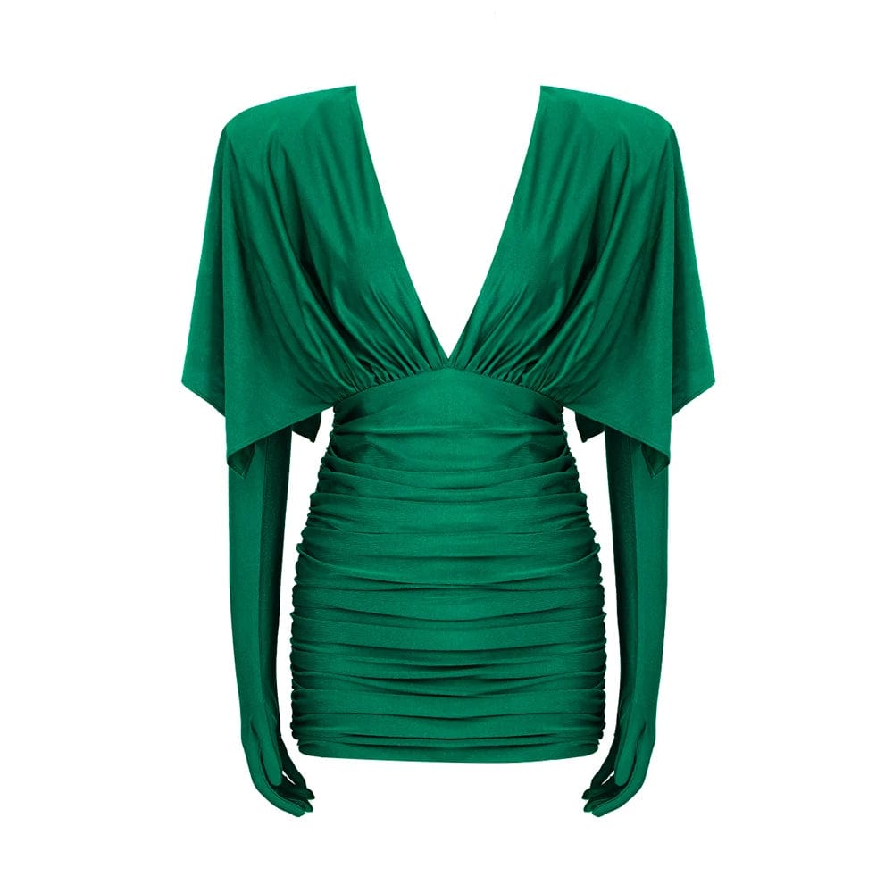 LS2308 Kimshein High Quality Fashion Dresses Green Mini Ruffle Dress Elegant Sexy Deep V-Neck Bodycon Dresses