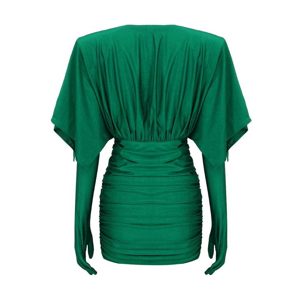 LS2308 Kimshein High Quality Fashion Dresses Green Mini Ruffle Dress Elegant Sexy Deep V-Neck Bodycon Dresses