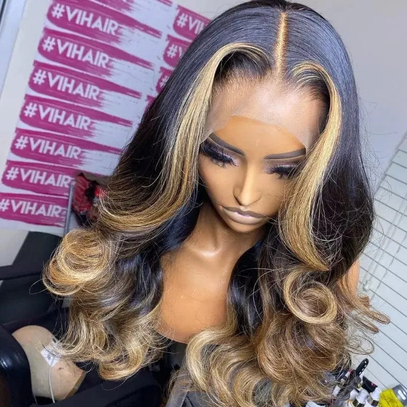 Luxury Highlight Wig Brazilian Human Hair Lace Front For Women Ombre Black to Brown Highlight Baby Hair Body Wave Wigs Frontal