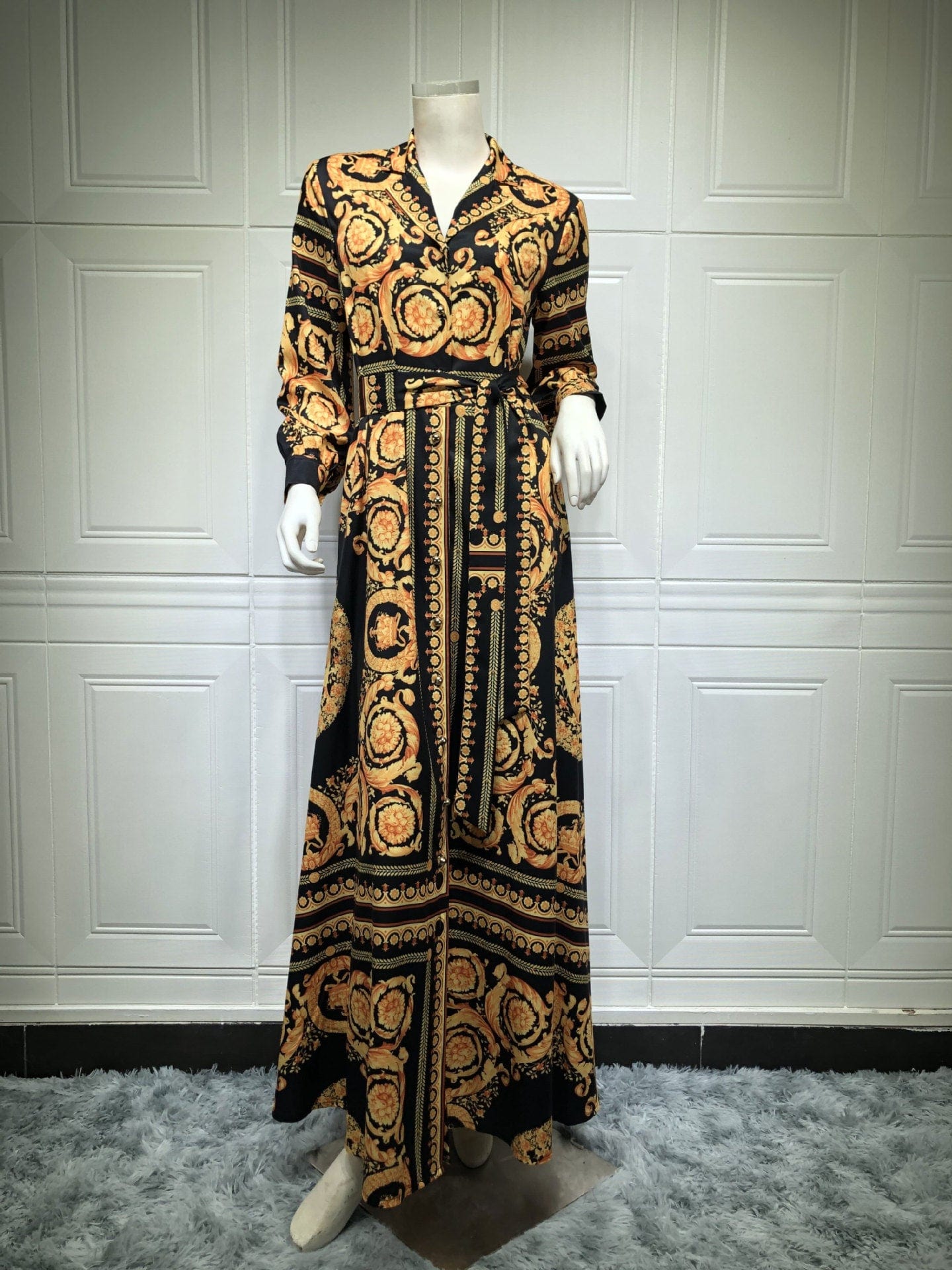 Luxury Print Floral Abaya Long Dress Islamic Clothing with Belt Fashion Casual Lapel Arabic Dubai Women Muslim Maxi Dress