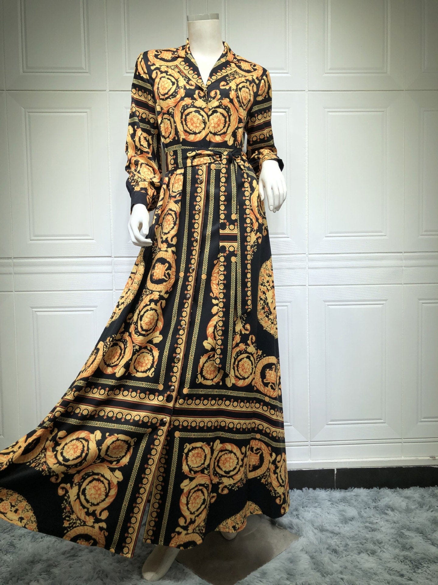 Luxury Print Floral Abaya Long Dress Islamic Clothing with Belt Fashion Casual Lapel Arabic Dubai Women Muslim Maxi Dress