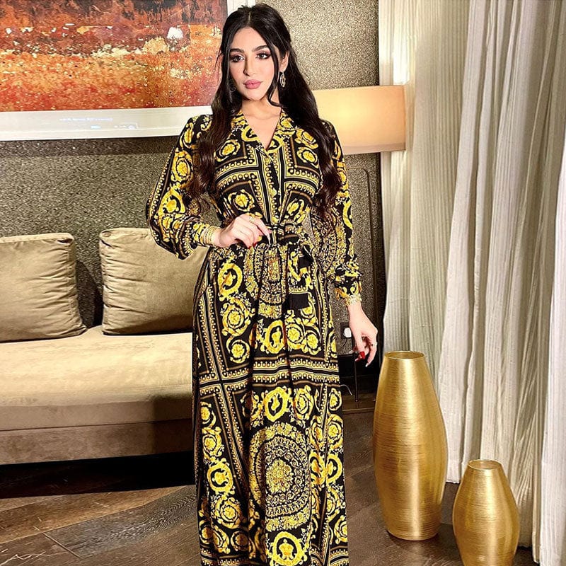 Luxury Print Floral Abaya Long Dress Islamic Clothing with Belt Fashion Casual Lapel Arabic Dubai Women Muslim Maxi Dress