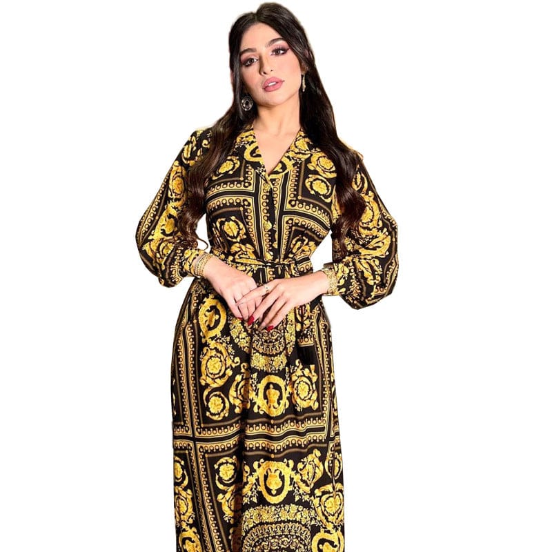 Luxury Print Floral Abaya Long Dress Islamic Clothing with Belt Fashion Casual Lapel Arabic Dubai Women Muslim Maxi Dress