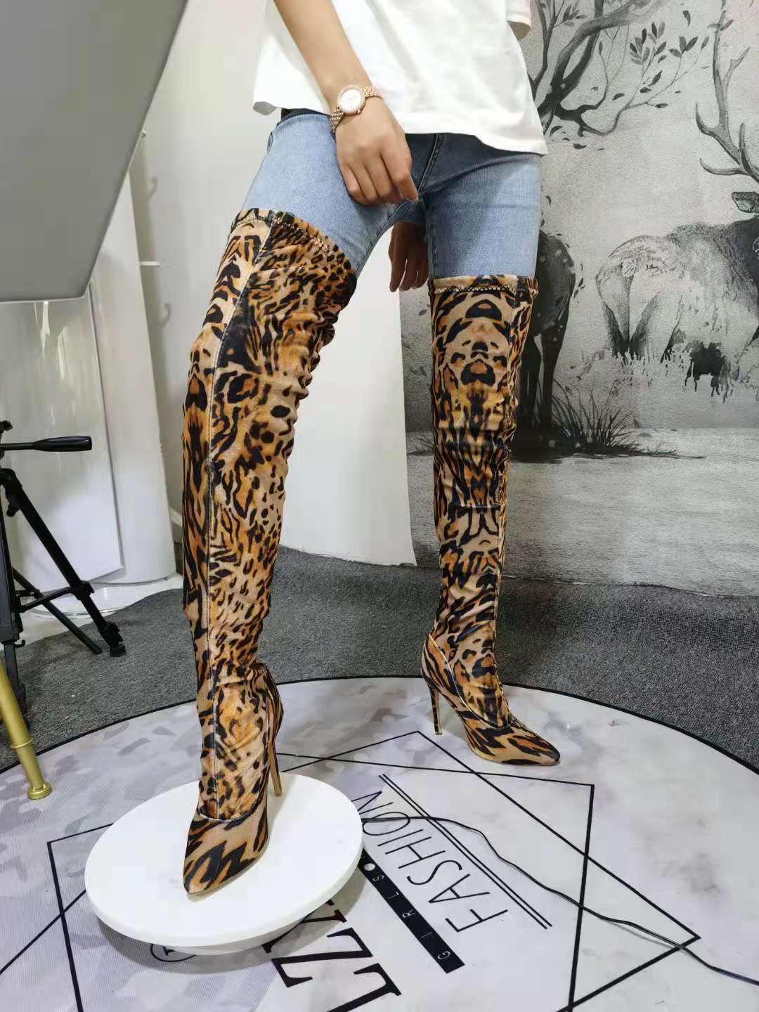 LW fashion latest leopard printed stretch over the knee thigh high heels boots women shoes plus size manufacturer wholesale