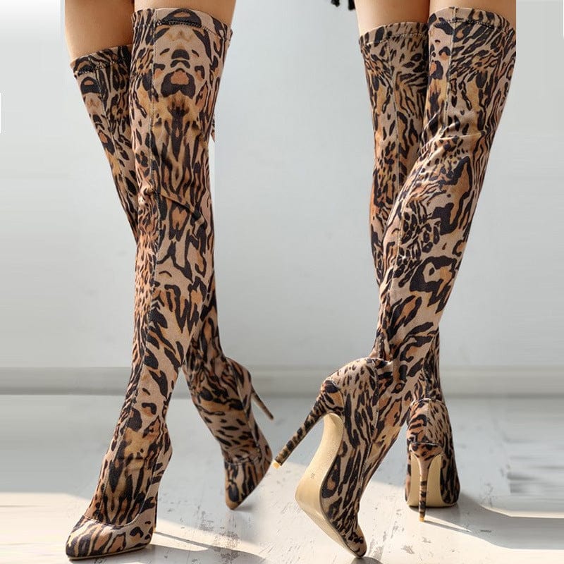 LW fashion latest leopard printed stretch over the knee thigh high heels boots women shoes plus size manufacturer wholesale