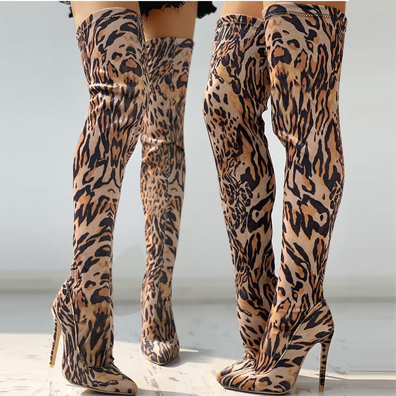 LW fashion latest leopard printed stretch over the knee thigh high heels boots women shoes plus size manufacturer wholesale