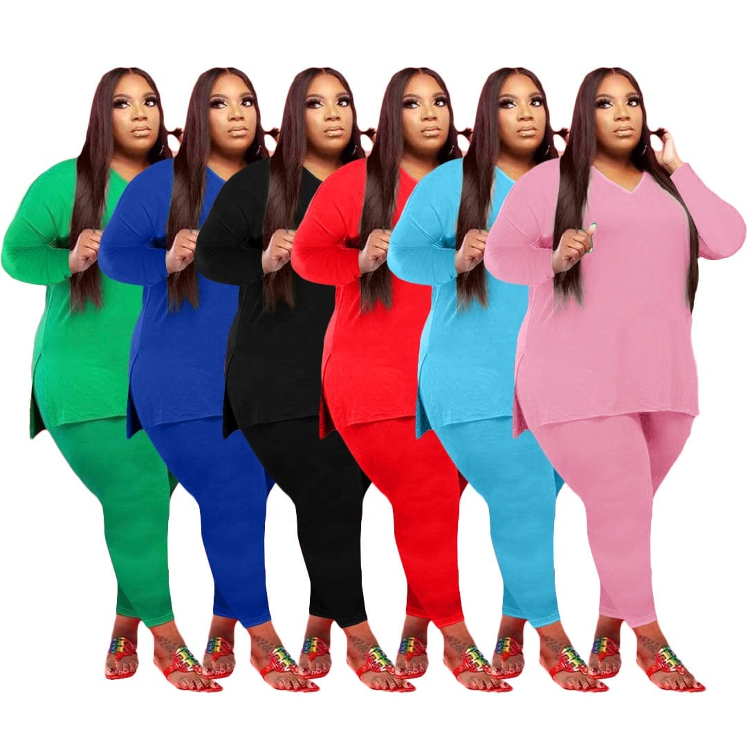 LW-Q77262 V neck side split long sleeve t shirts and pants women plus size 2 piece sets