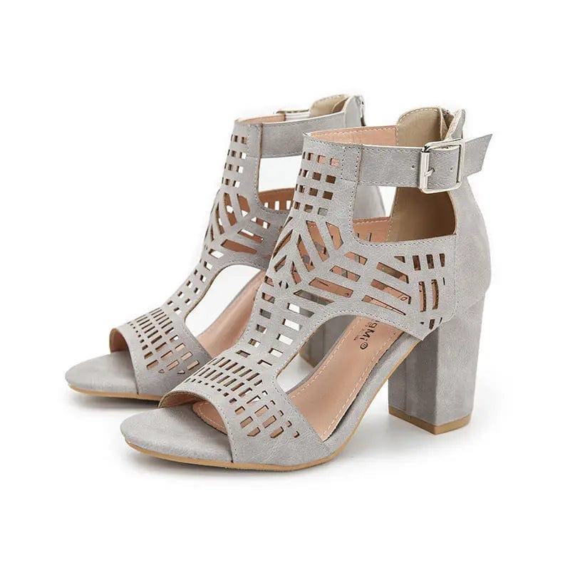 LX52 Ladies Fashion Hollow Out Design Round Toe Heeled Sandals With Buckle Womens Sandals Trendy