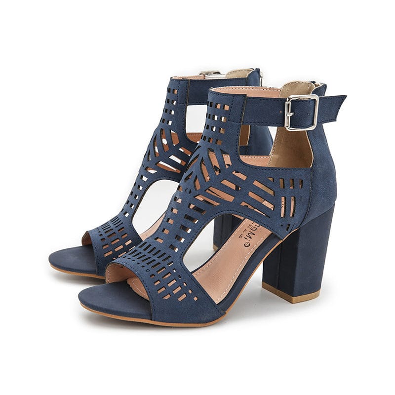 LX52 Ladies Fashion Hollow Out Design Round Toe Heeled Sandals With Buckle Womens Sandals Trendy