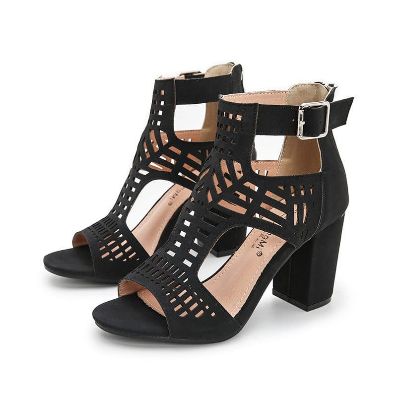 LX52 Ladies Fashion Hollow Out Design Round Toe Heeled Sandals With Buckle Womens Sandals Trendy