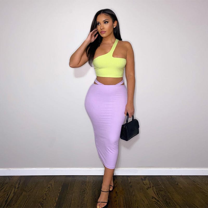 Lygens 8118 Neon Solid Set One Shoulder Crop Top Skirt Sexy Bodycon Fashion 2 Piece Outfit Women 2022 Clothing New Arrival