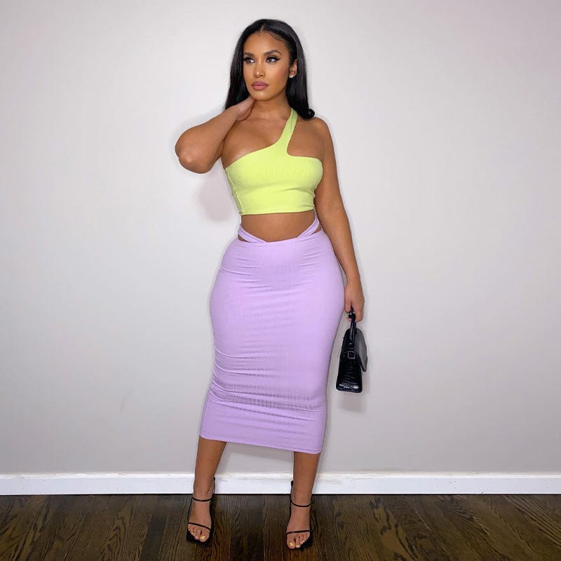 Lygens 8118 Neon Solid Set One Shoulder Crop Top Skirt Sexy Bodycon Fashion 2 Piece Outfit Women 2022 Clothing New Arrival