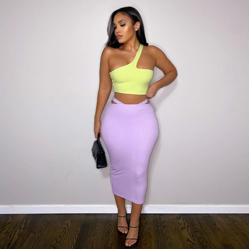 Lygens 8118 Neon Solid Set One Shoulder Crop Top Skirt Sexy Bodycon Fashion 2 Piece Outfit Women 2022 Clothing New Arrival