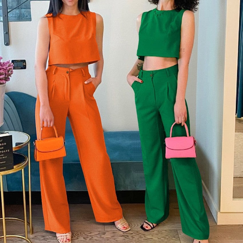 M / #01 orange Casual Solid Womens 2 Piece Set Outfits Loungewear Streetwear Crop Tank Top Wide Leg High Waist Pants Formal