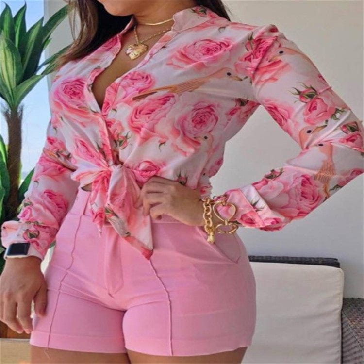 M / 1 Women Floral Print Stand Collar Long Sleeve Tie Front Causal Top Shirt Blouse V Neck Ladies Top Casual Button Slim