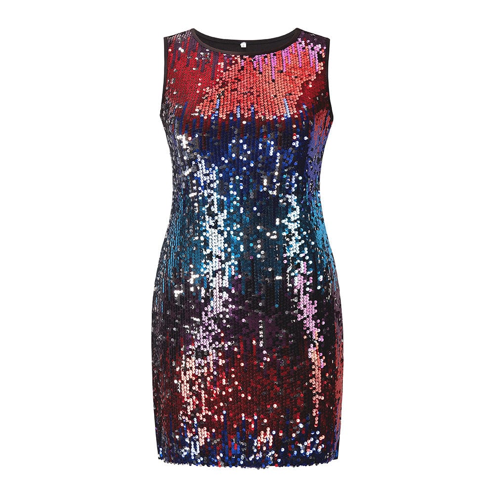 M / 2 Summer Crystal Sequins Party Dress Women Sleeveless O-Neck  Slim Mini Sexy Club Evening Dress