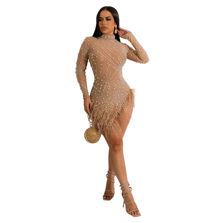 M / Apricot New Long Sleeve Diamonds Sexy Bodycon Mesh See Through Party Dresses for Women Feather Pearls Black Irregular Club Dress