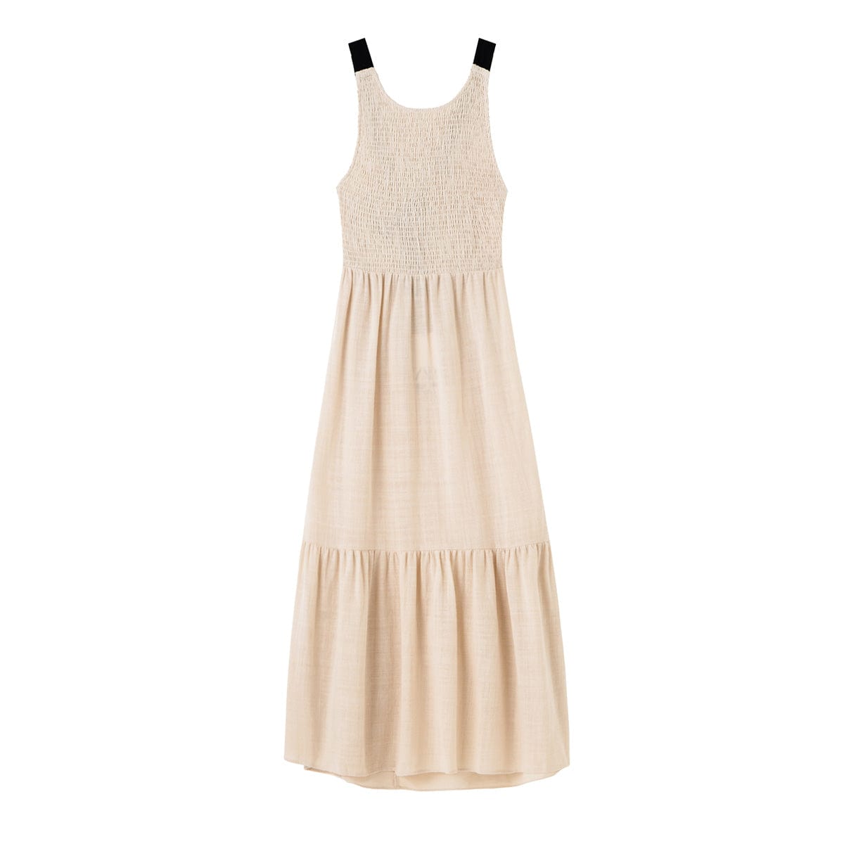 M / Beige OOTN Round Neck Sleeveless Smocked Vacation Maxi Dress 2023 Contrast Strap Open Back Tie Sexy Summer Dress Long Dresses