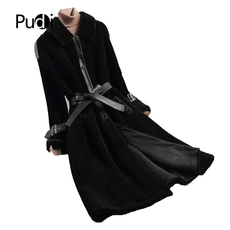 M / Black A18200 women's winter real wool fur coat warm jacket coat lady Long coat jacket overcoat