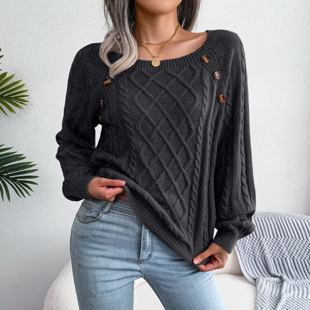 M / Black Autumn and winter casual nail button square neck fried dough twist knitting pullover sweater lantern sleeve long sleeve sweater